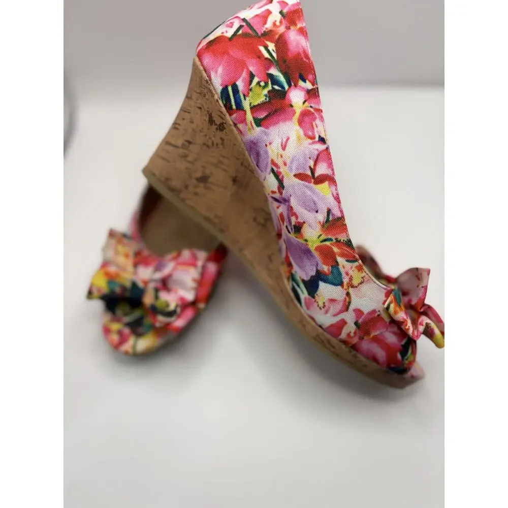 Dexflex Comfort Floral Cork Wedge Peep Toe Pumps Women's Size 8W Pink Bow Shoes